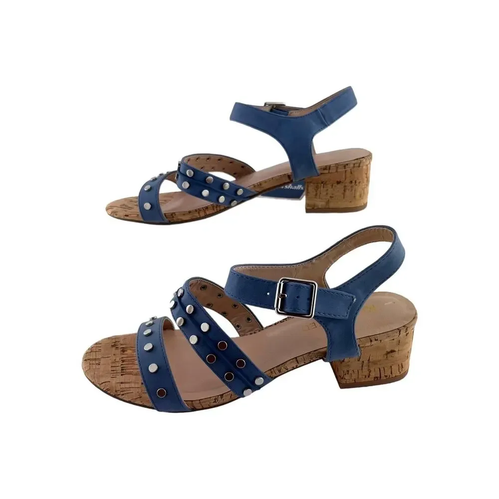 Restricted Studded Block Heel Sandals Size‎ 8M Cork Open Toe Blue Casual Summer